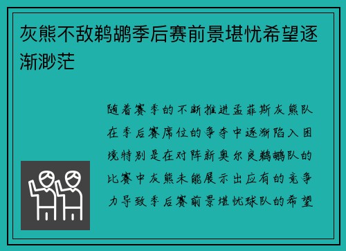 灰熊不敌鹈鹕季后赛前景堪忧希望逐渐渺茫